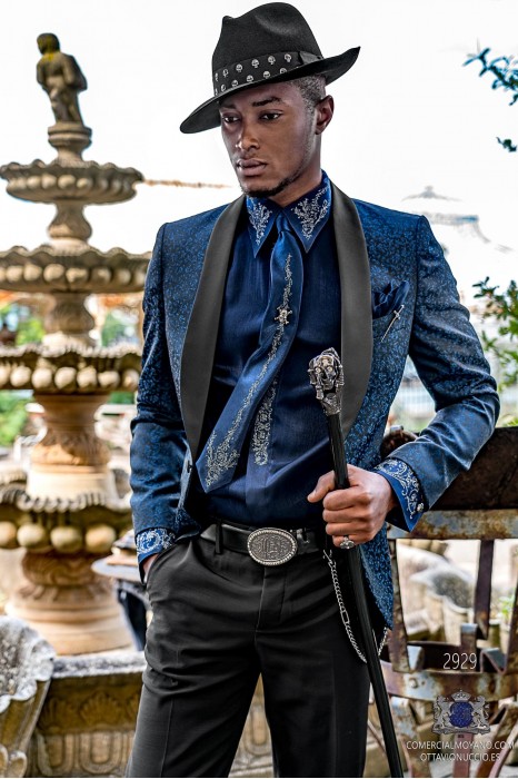 Black rocker groom suit with blue gothic floral brocade and black satin shawl collar