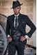 Black brocade rocker groom suit with black rhinestones Mao collar
