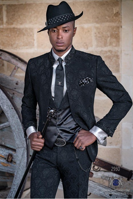 Black brocade rocker groom suit with black rhinestones Mao collar