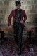 Red rocker groom suit with black psychedelic brocade and black satin lapels