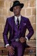 Costume Rocker de marié gothique violet avec brocart à carreaux noir Op-art et profil contrastant sur les revers