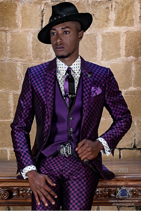 Purple rocker groom suit with black Op-art checkered brocade and contrast profile on lapels