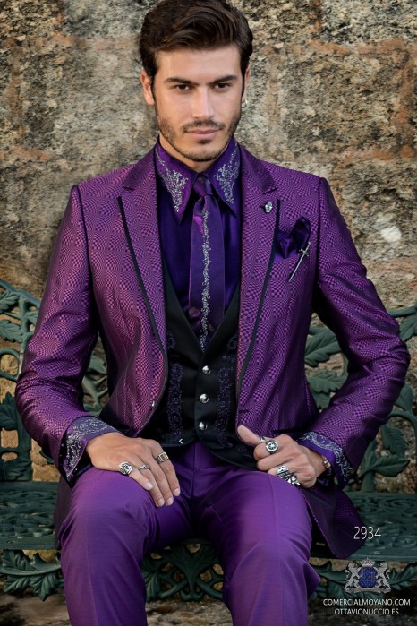 Purple rocker groom suit with black psychedelic brocade and black satin profile on lapels