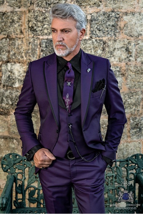 Purple rocker groom suit with black polka dot brocade and black satin profile on lapels