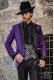 Costume Rocker de marié gothique shantung violet avec revers en satin noir