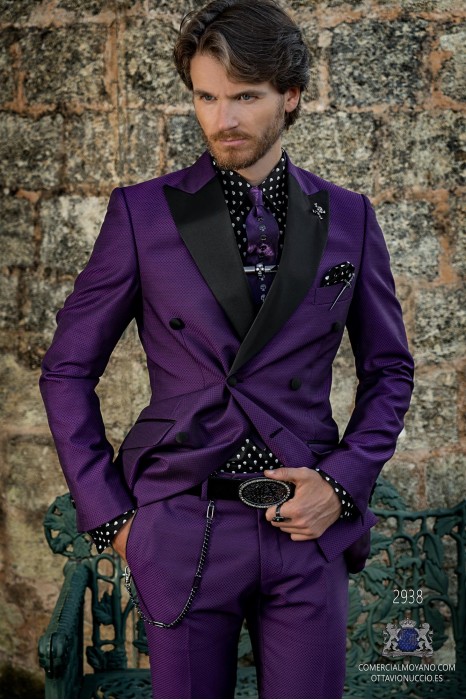 Purple rocker groom double-breasted suit with black microdesigns brocade and black satin lapels