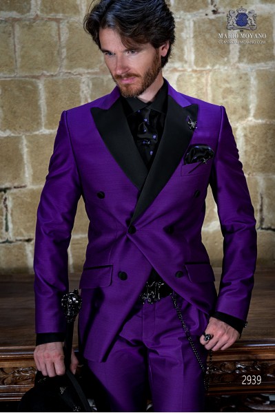 Purple shantung rocker groom double-breasted suit with black satin lapels