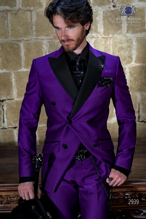 Purple shantung rocker groom double-breasted suit with black satin lapels