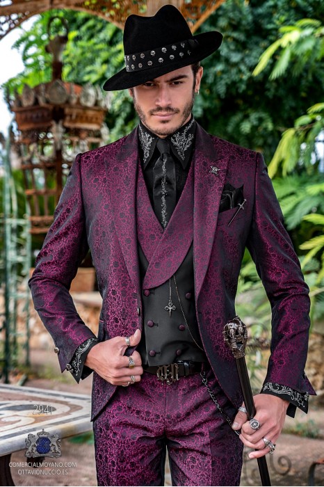 Fuchsia rocker groom suit with black gothic floral brocade tailored italian cut
