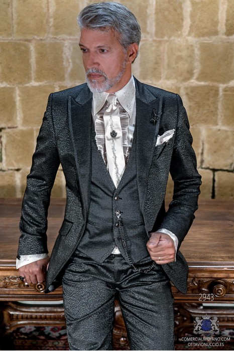 Costume Rocker de marié gothique gris lurex métallisé avec revers contrasté