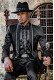 Black satin rocker groom suit with silver gothic profile on shawl collar