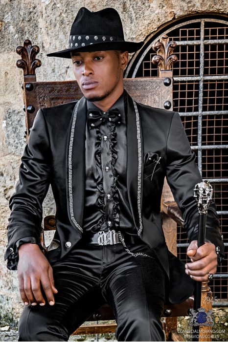 Black satin rocker groom suit with silver gothic profile on shawl collar