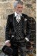 Black satin rocker groom suit with silver gothic profile on lapels