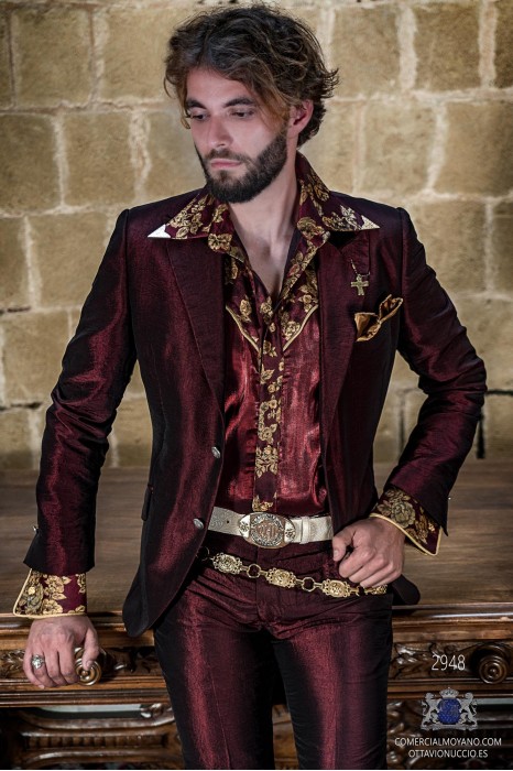 Costume Rocker de marié gothique rouge lurex métallisé coupe italienne sur mesure
