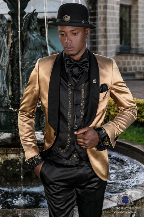 Golden satin men's fashion party blazer with black satin shawl collar
