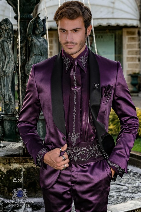 Purple satin men's fashion party blazer with black satin shawl collar