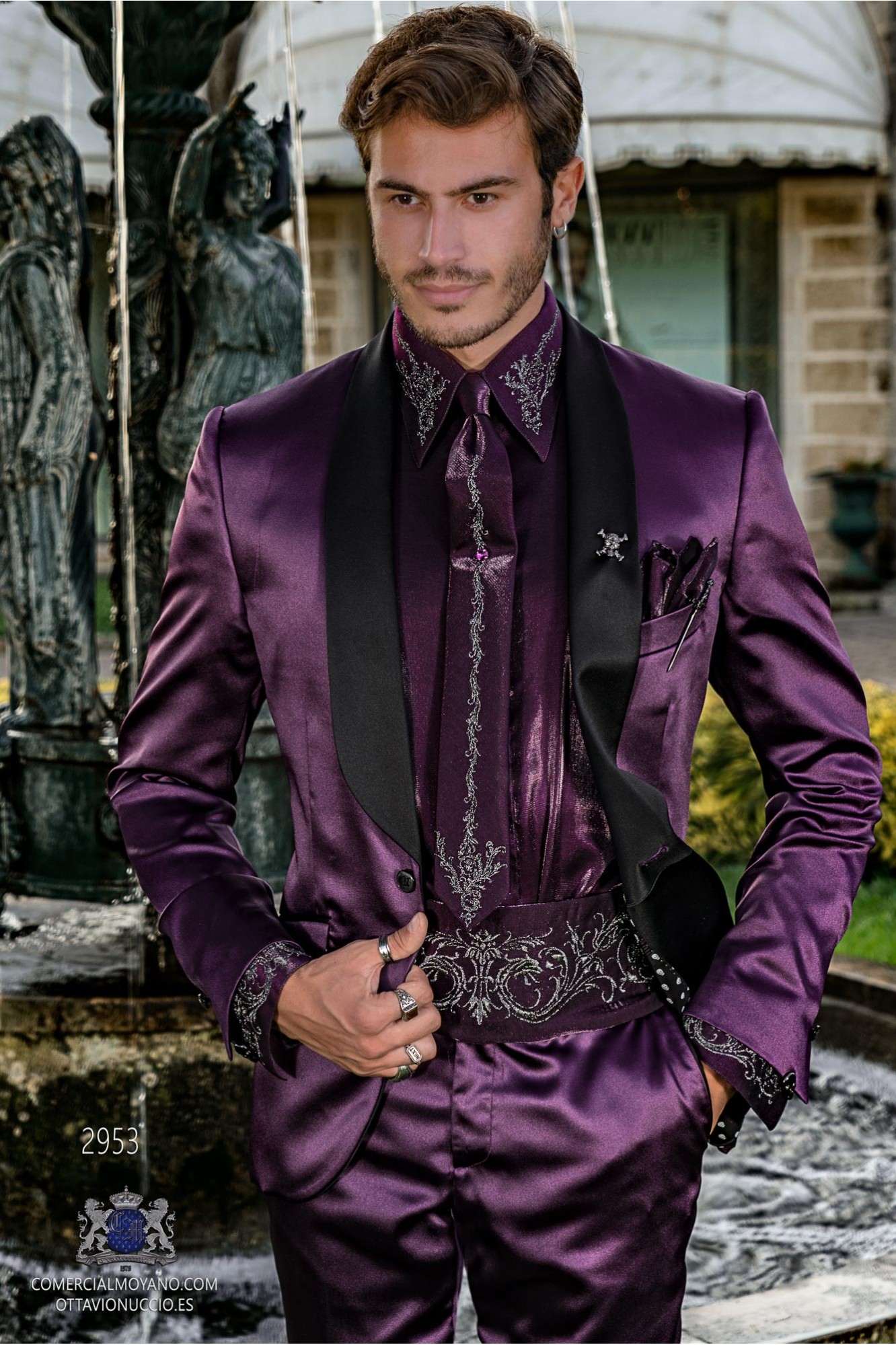 Please watch barrier Time Purple satin men's fashion party blazer with black shawl collar 2953