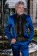 Blue satin men's fashion party blazer with black satin shawl collar