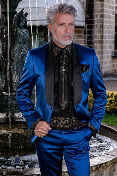 Blue satin men's fashion party blazer with black satin shawl collar