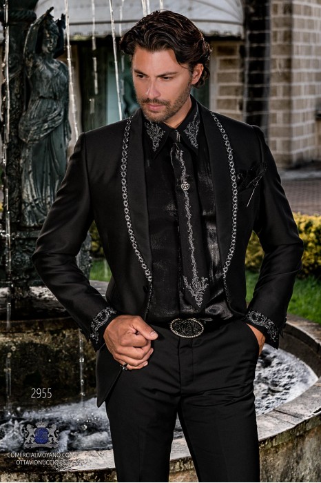 Black men's fashion party blazer with black rhinestones on shawl collar