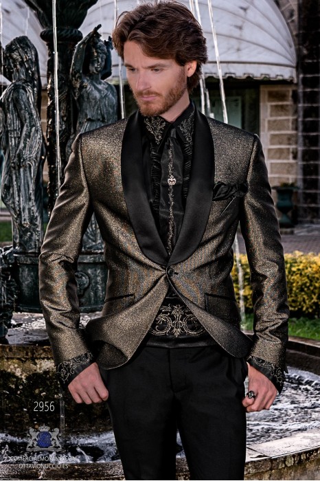 Gold metallic lurex men's fashion party blazer with black satin shawl collar