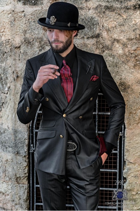 Black with red pinstripe rocker groom double-breasted suit