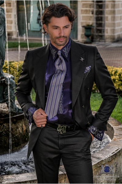 Black with silver pinstripe rocker groom double-breasted suit