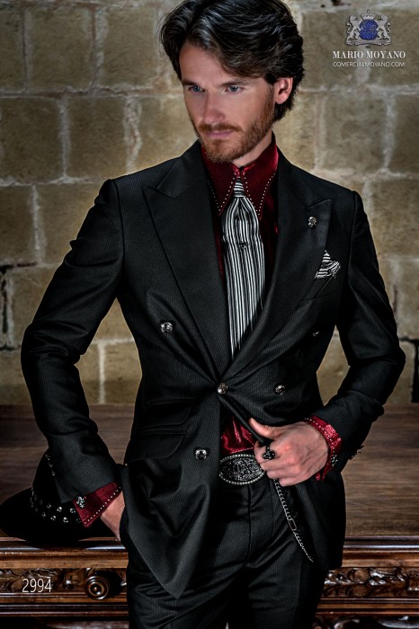 Black with silver stripes rocker groom double-breasted suit tailored italian cut