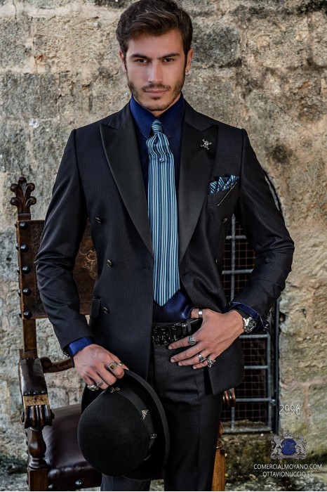 Blauer Rocker Bräutigam Zweireiher Anzug mit schwarzen lurex Microdesigns und schwarzen Satin Revers