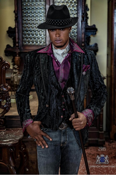 Black velvet men's fashion party blazer with strass on lapels