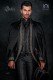 Gothic frock coat brocade black suit with Mao collar and rhinestones
