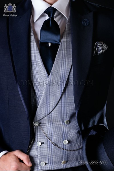 Waistcoat double breasted pure jacquard silk blue Prince of Wales 