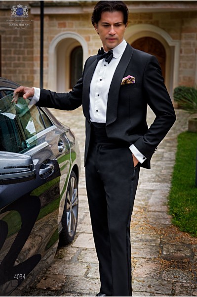 Bespoke black pure wool tuxedo with satin black shawl lapels model 4034 Mario Moyano